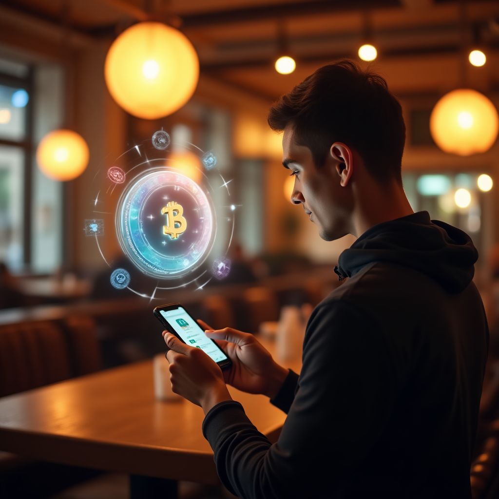 Persona utilizando aplicación de criptomonedas en Buenos Aires